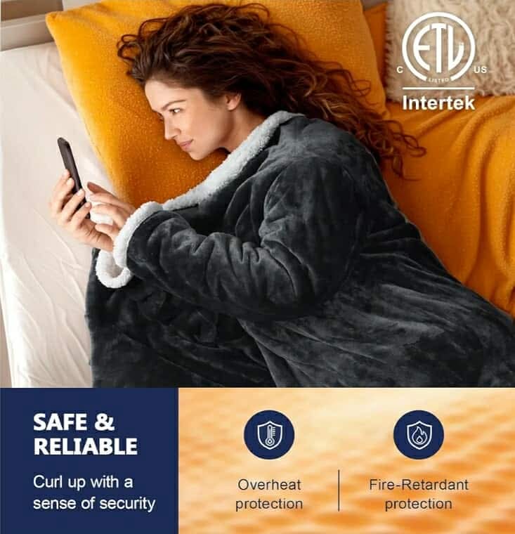 Electric Wearable Heated Blanket with Foot Pocket, Heated Blanket Wearable with Sleeves, Flannel & Sherpa Electric Throw, 10 Heat Settings & 2-8H Auto Shut-Off, 50 * 70"+18", Dark Grey - Image 7