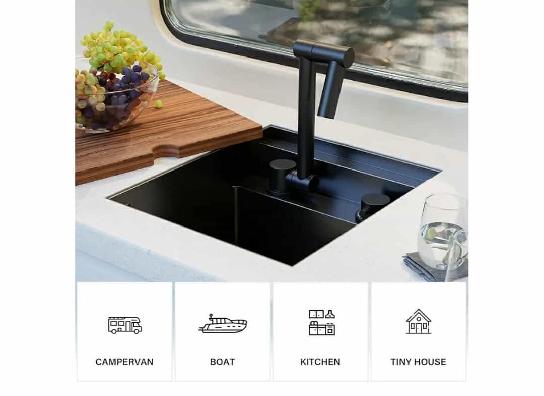 RV Kitchen Sink, 13 x 15 x 9 Inch Undermount Bar Sink Premium Stainless Steel Single Bowl Sink with Faucet, Cutting Board, Dark Grey - Image 12