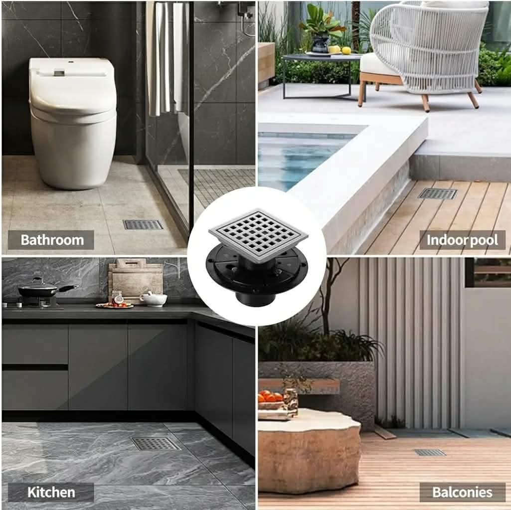 Shower Drain, Chrome 4 inch Square Shower Floor Drain with Flange, Silver Removeable Grid Panel SUS 304 Stainless Steel - Image 11