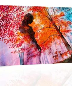 Red Forest Canvas Wall Art for Living Room, Woods Goddess and Deer Creatures Painting Prints with Autumn Leaves, Surreal Artwork Decor of Dryad Back View Picture, 24x36