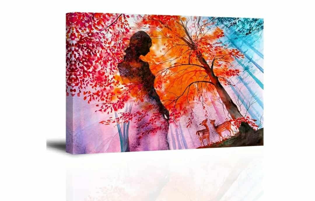 Red Forest Canvas Wall Art for Living Room, Woods Goddess and Deer Creatures Painting Prints with Autumn Leaves, Surreal Artwork Decor of Dryad Back View Picture, 24x36
