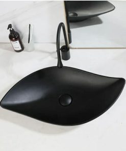 25 Inch Leaf Shape Bathroom Vessel Sink Set (Black) Stone Resin Wash Basin, Above Counter Sink Bowl with Faucet and Pop-up Drain
