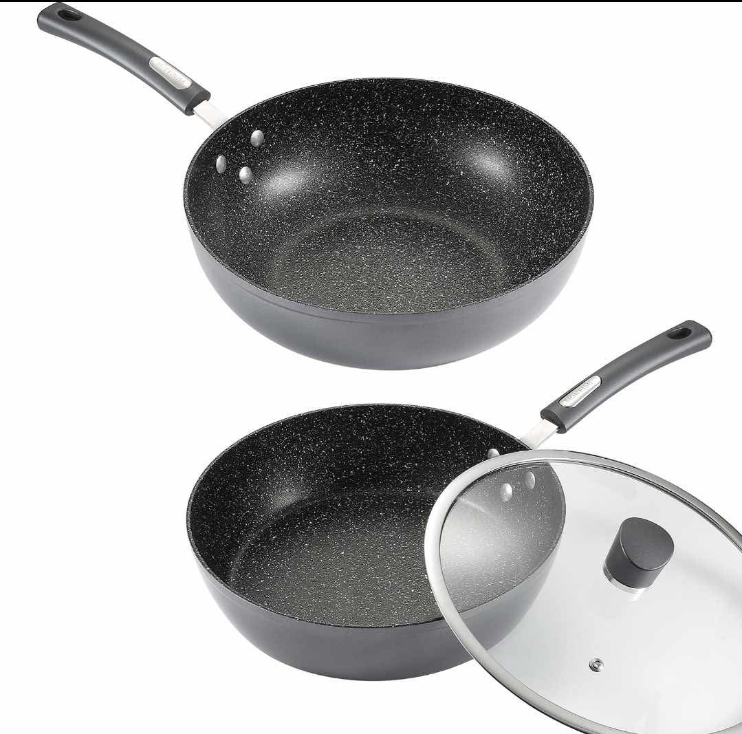 Deep Frying & Wok Pan Set 12 inch wok & stir fry pan w lid, 11 inch skillet frying pan w lid Non Stick Granite Stone Finish - Image 7