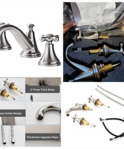 Alternative view of Vintage Widespread Bathroom Faucet - 2 Handle 3-Hole Sink Faucet Brushed Nickel Brass, Drip-Free Ceramic Disc Cartridge, Adjustable 8 to 16 Inch Installation