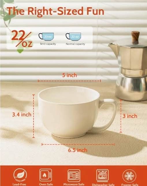 Porcelain 22oz Large Coffee Mugs Set of 4, Large Soup Mug with Handles - Image 5