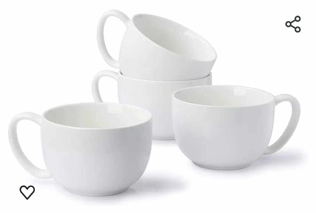 Porcelain 22oz Large Coffee Mugs Set of 4, Large Soup Mug with Handles