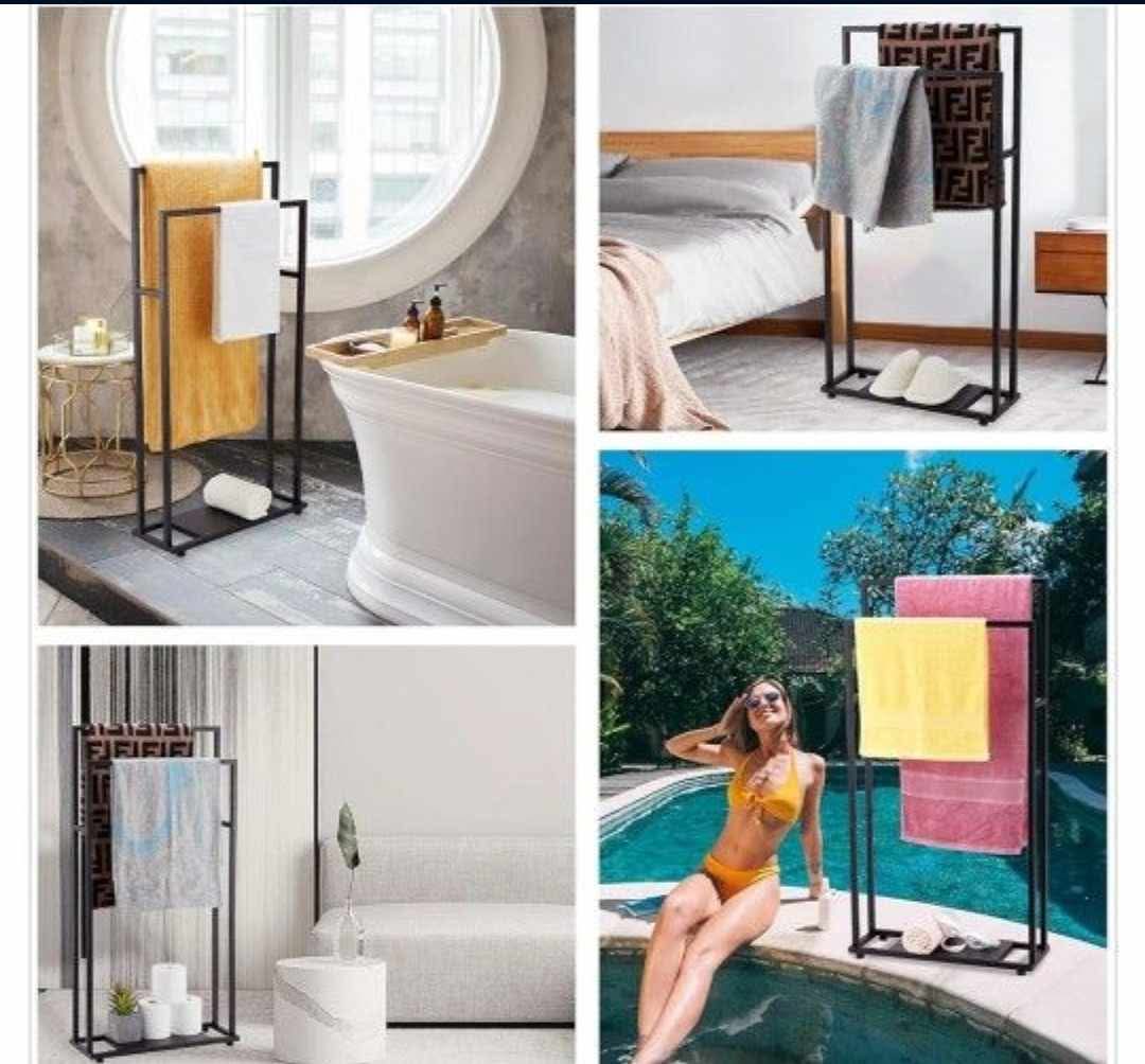 39'' Tall 2 Tier Bathroom Towel Rack Stand with Storage Shelves, Modern Standing Pool Towel Drying Rack for Outdoor, Black Blanket Holder - Image 10