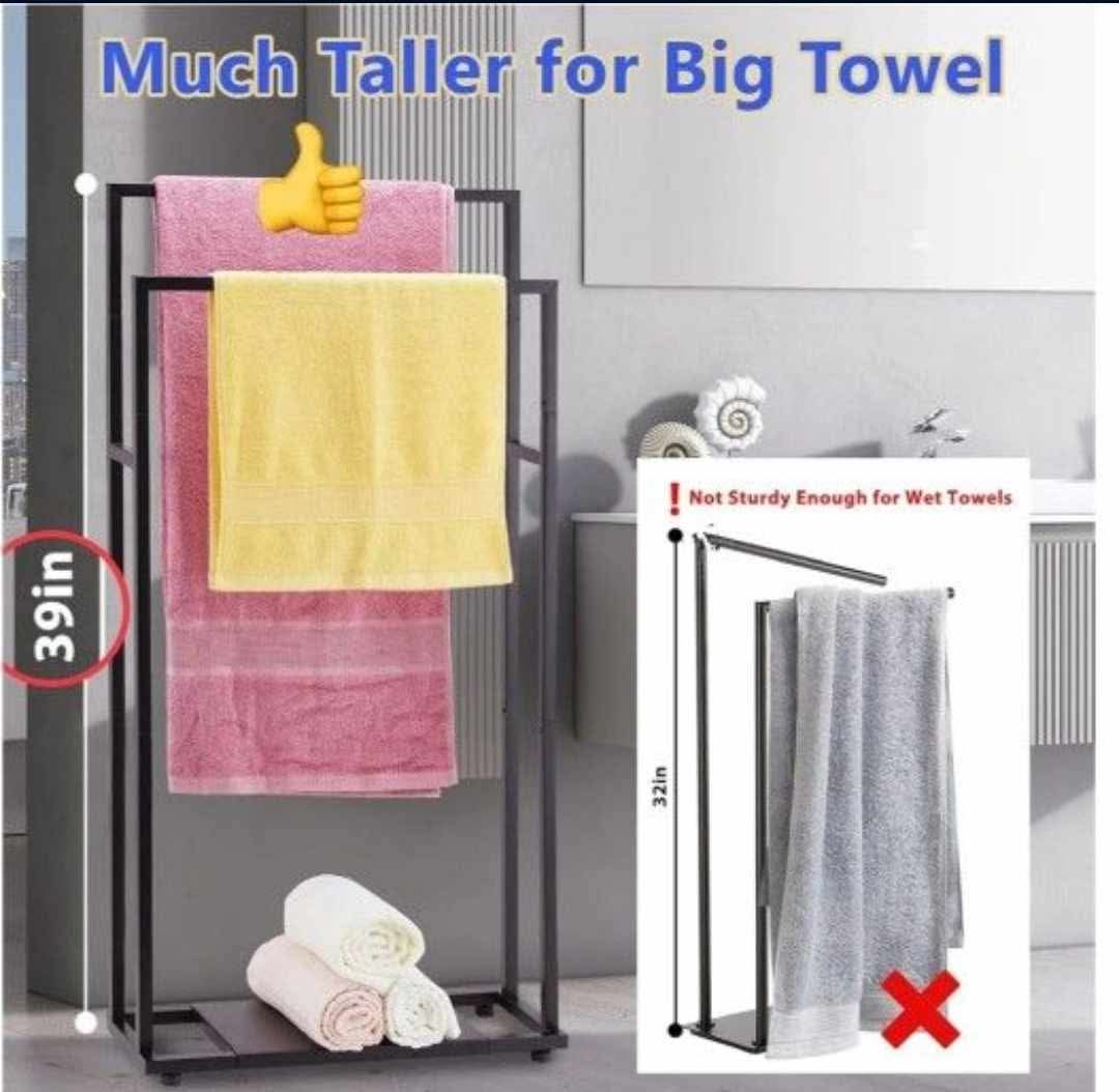 39'' Tall 2 Tier Bathroom Towel Rack Stand with Storage Shelves, Modern Standing Pool Towel Drying Rack for Outdoor, Black Blanket Holder - Image 2
