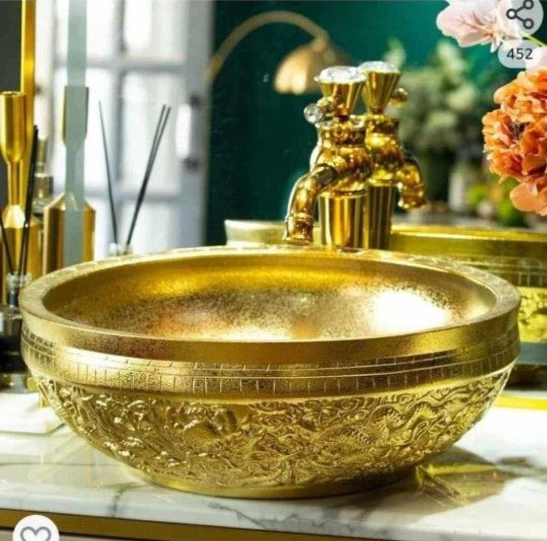 Gold Vessel Sink Round Bowl for Bathroom Countertop Ceramic Wash Basin with Hand Carved Dragon Pattern, L16.4"W16.4 - Image 11