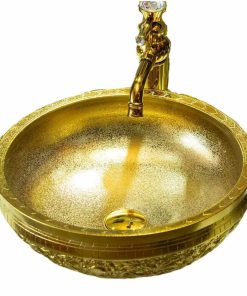 Gold Vessel Sink Round Bowl for Bathroom Countertop Ceramic Wash Basin with Hand Carved Dragon Pattern, L16.4"W16.4