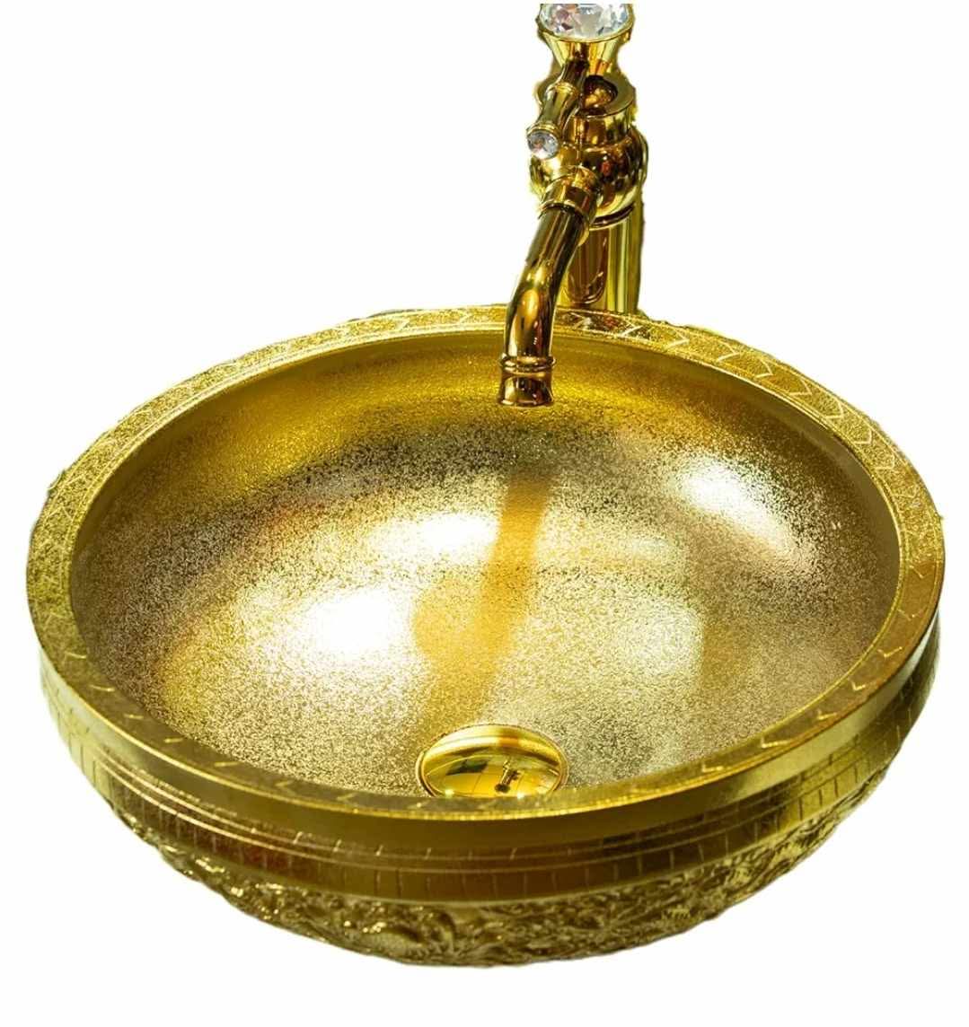 Gold Vessel Sink Round Bowl for Bathroom Countertop Ceramic Wash Basin with Hand Carved Dragon Pattern, L16.4"W16.4