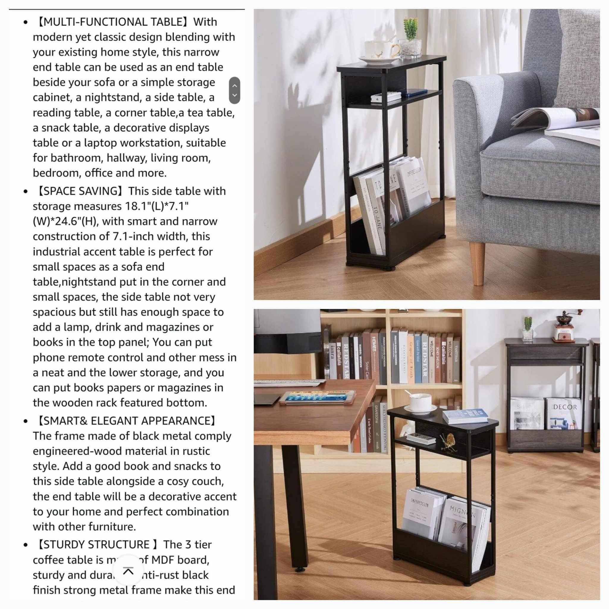 Vintage Narrow Side Table with Storage Shelf, 3 Tier Slim End Table Modern Sofa Table for Narrow and Small Spaces, 24.6 Inch Height Bedside Table - Image 5