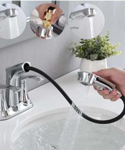 Bathroom Faucet with Pull Out Sprayer, 4 Inch Centerset 3 Hole, 2 Handle Pull Out for Bathroom, Utility Sink or Laundry Tub, Chrome