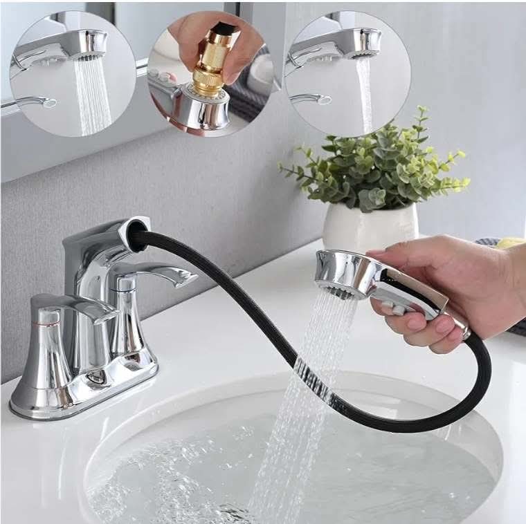 Bathroom Faucet with Pull Out Sprayer, 4 Inch Centerset 3 Hole, 2 Handle Pull Out for Bathroom, Utility Sink or Laundry Tub, Chrome