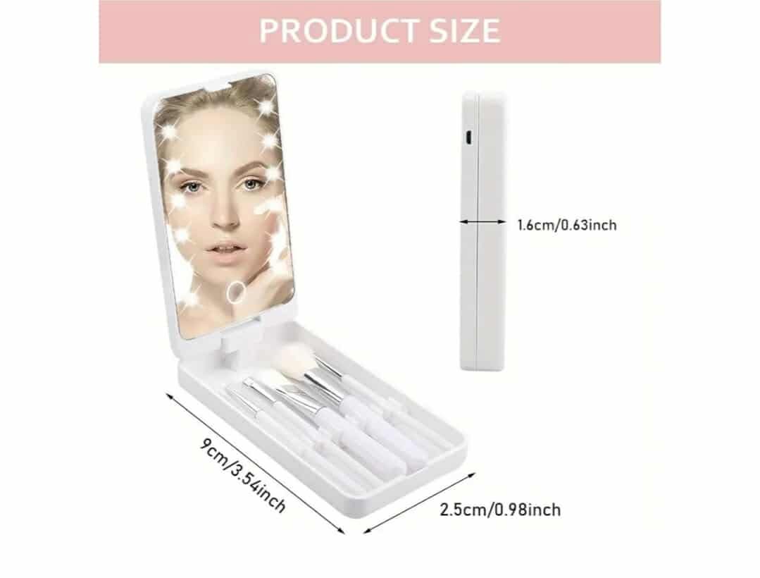 Portable Makeup Mirror With 5 Makeup Brushes Travel Case Storage Box LED Rechargeable Makeup Mirror (White) - Image 4