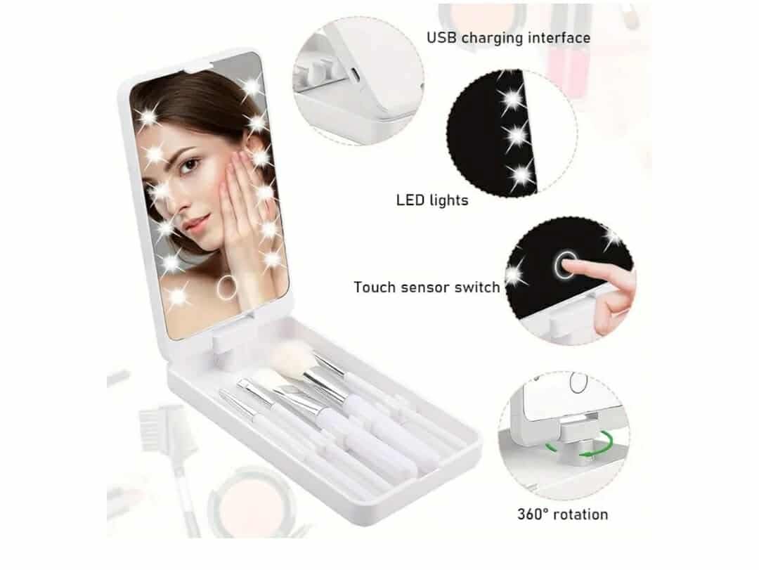 Portable Makeup Mirror With 5 Makeup Brushes Travel Case Storage Box LED Rechargeable Makeup Mirror (White) - Image 6