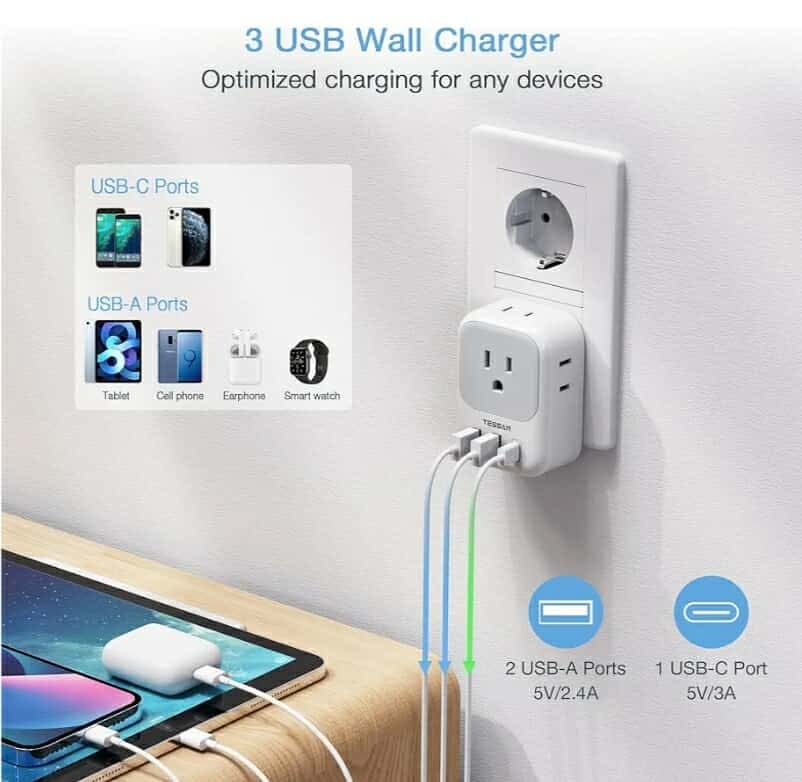 2 Pack Type E F Plug Adapter USB C, Germany France Power Adaptor with 3 USB Charger Ports, 4 AC Outlets Travel Plug - Image 7