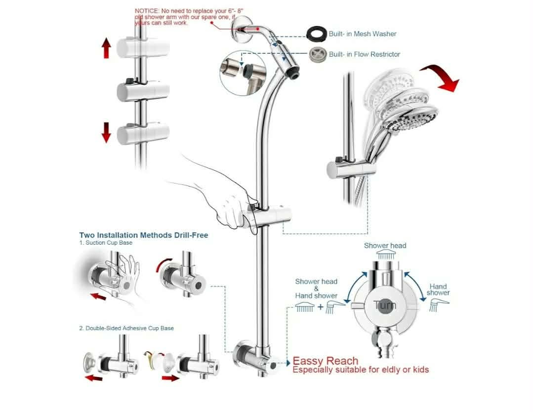 Handheld Showerhead & Rain Shower Combo for Easy Reach, 27.5" Drill-free Stainless Steel Slide Bar, 5”of 5-setting Handheld Shower and Showerhead, with 5ft Hose - Polished Chrome - Image 8