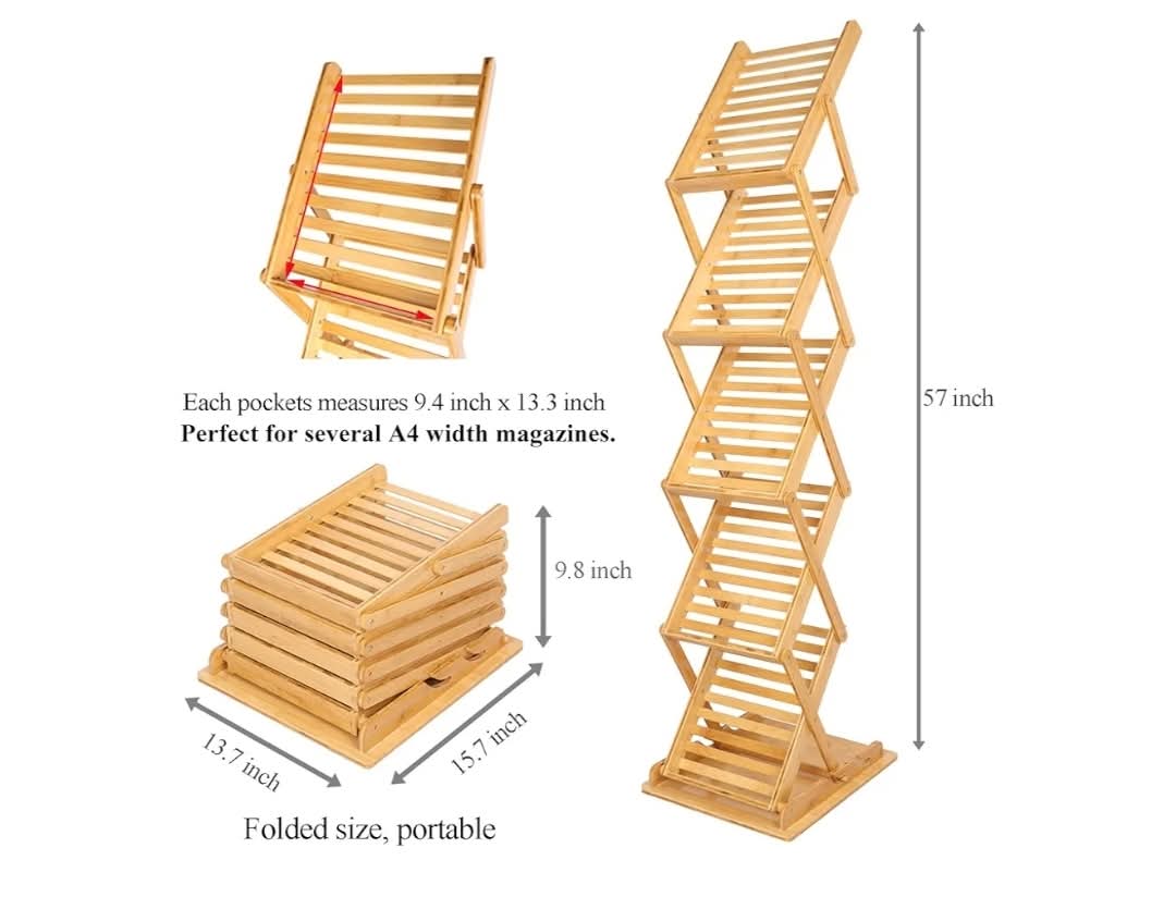 Foldable Bamboo Magazine Rack Floor, Portable Pop-up Display Stand, Magazine Rack 5 Pockets - Image 4
