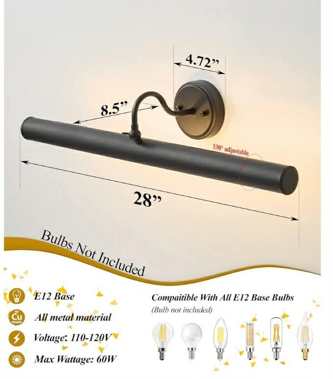 Hardwired Picture Lights for Wall, 28 Inch Black Vintage Picture Sconce, E12 Base, 330° Rotatable, 4-Light Gallery Art Lighting - Image 4