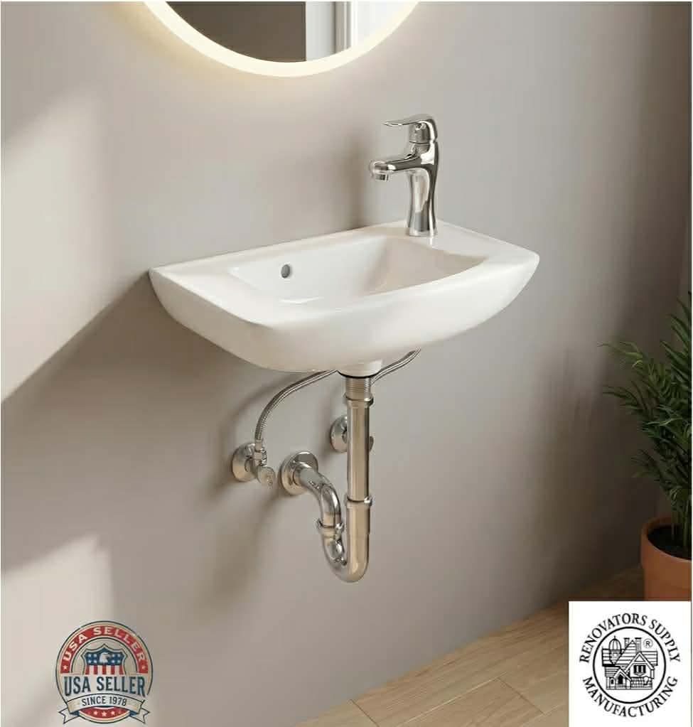 Small Wall Mount Sink, Renovators Supply Edgewood 20" Wide White Grade A Vitreous China Rectangular Small Porcelain Floating Bathroom Vessel Sink - Image 11