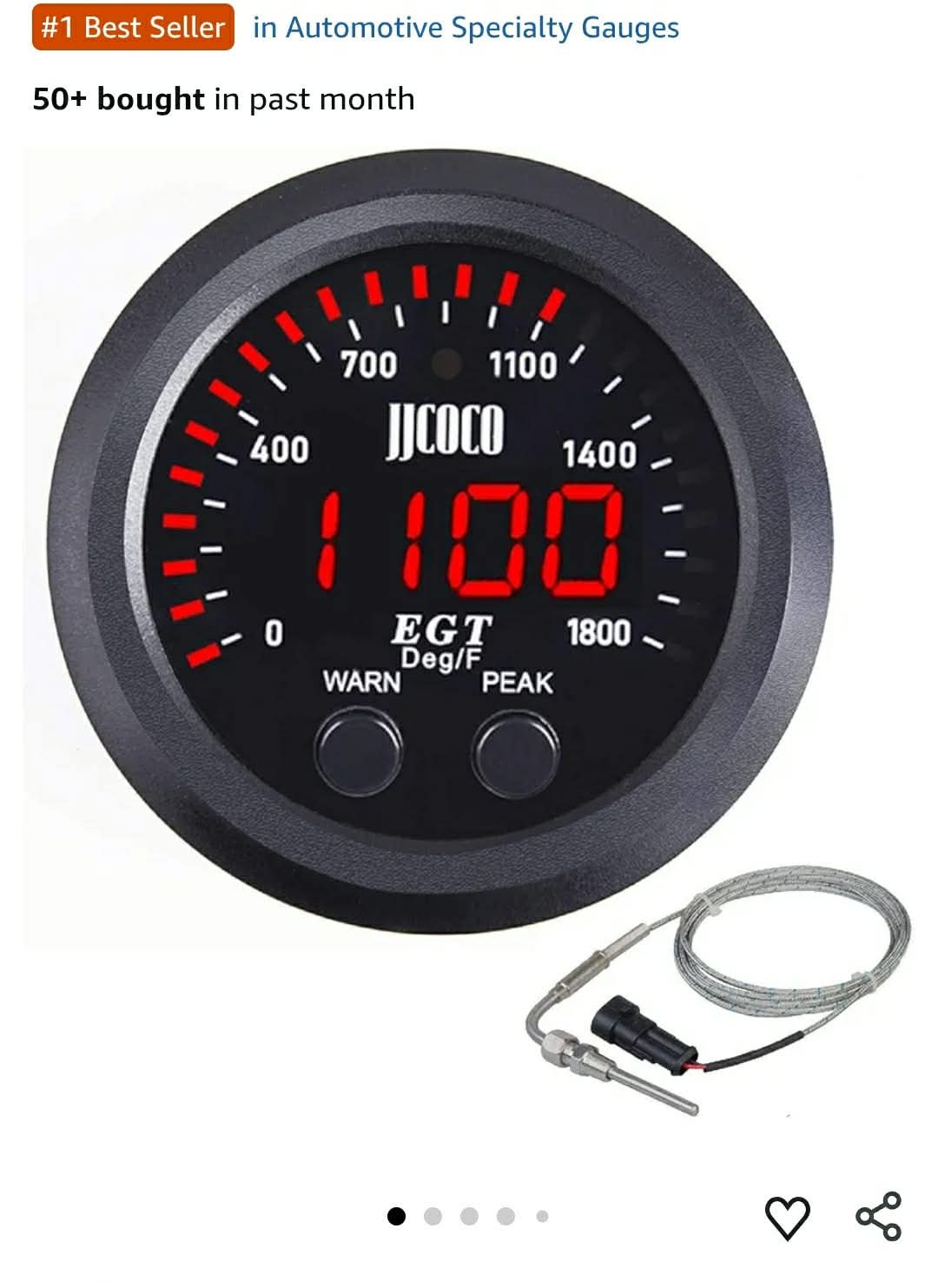Exhaust Gas Temperature EGT Gauge Kit 2‑1/16in 52mm Ultra Thin 0‑1800℉ Red LED with Sensor and Dashboard Pod