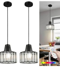 2pk Battery Operated Pendant Lights,Rechargeable Pendant Light with Remote, Crystal Pendant Light Fixtures