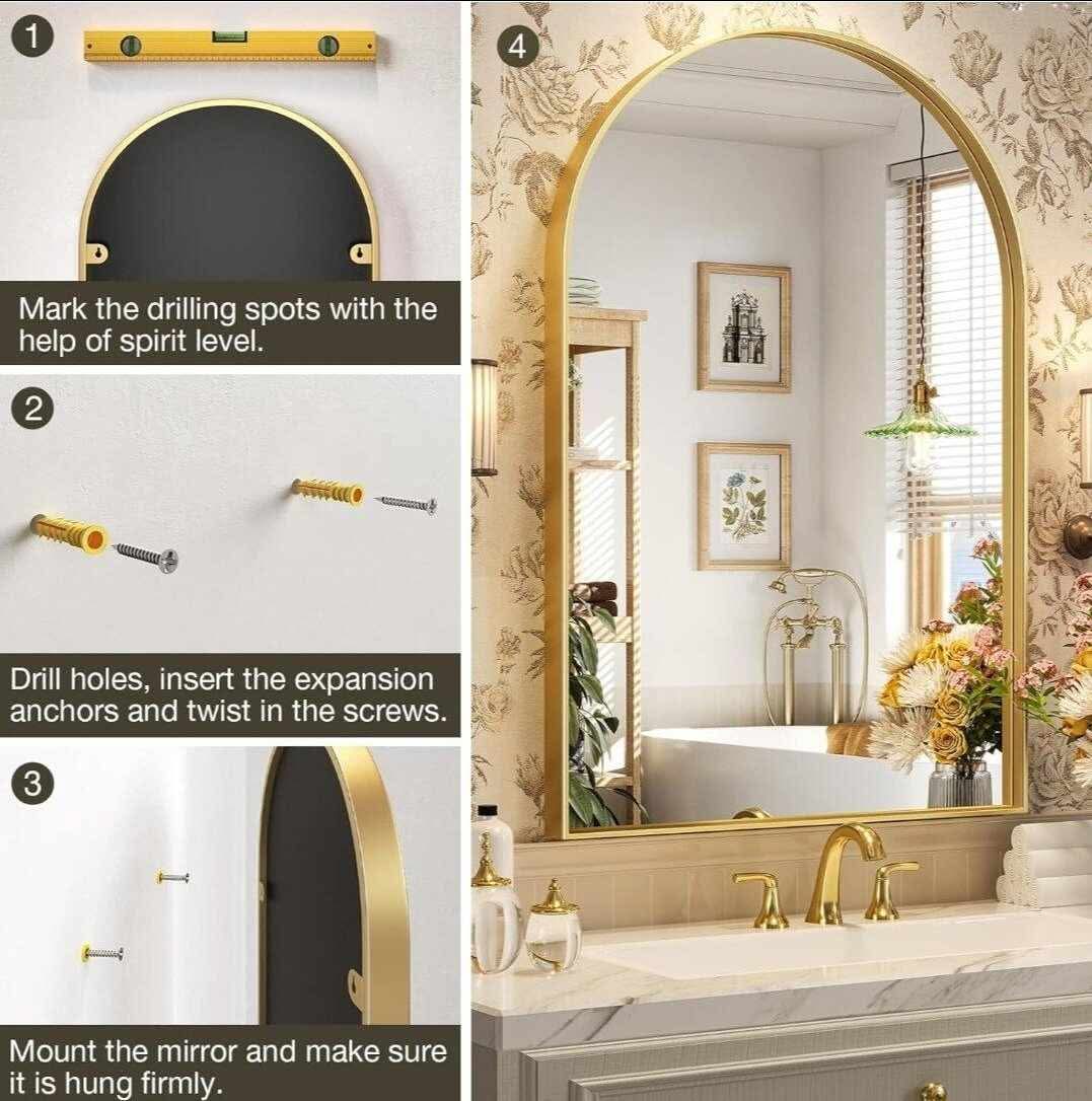 Arched Mirror, Arched Wall Mirror, 20 x 30 Inch Gold Arch Mirror, Metal Frame Gold Bathroom Mirror - Image 6