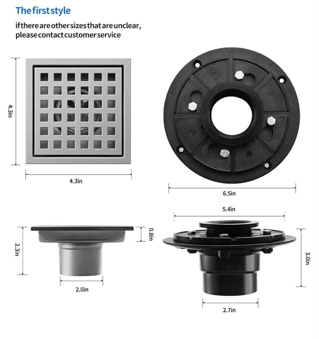Shower Drain, Chrome 4 inch Square Shower Floor Drain with Flange, Silver Removeable Grid Panel SUS 304 Stainless Steel - Image 4