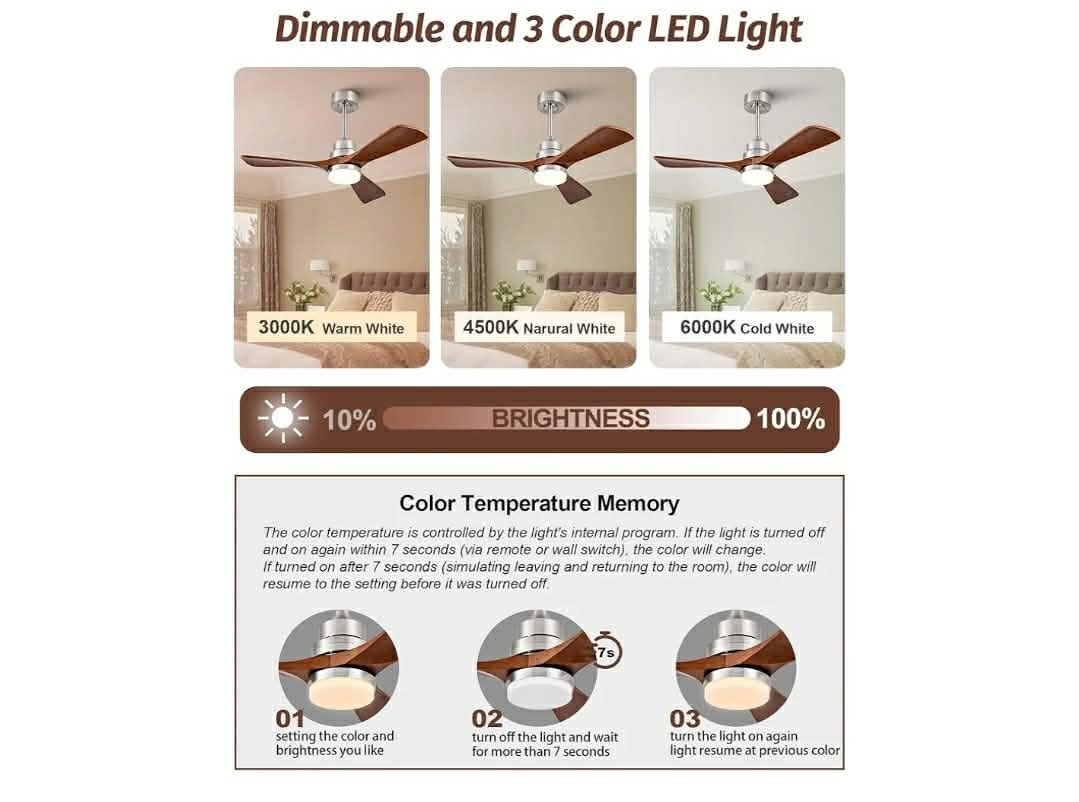 42 Inch Ceiling Fan with Lights, Remote Control, Dimmable, Solid Wood Blades, Power-Off Memory, Quiet DC Motor, Modern Brushed Nickel Ceiling Fan - Image 5