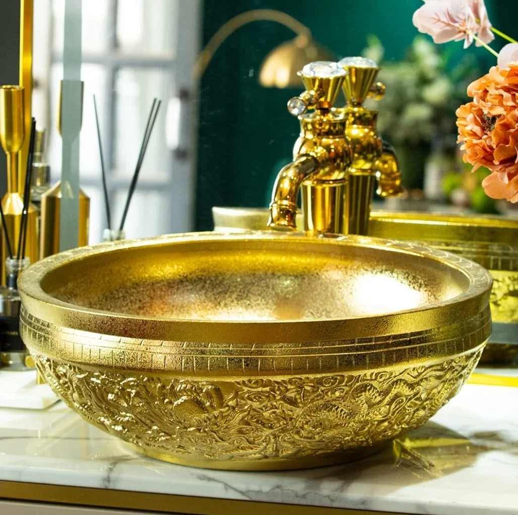Gold Vessel Sink Round Bowl for Bathroom Countertop Ceramic Wash Basin with Hand Carved Dragon Pattern, L16.4"W16.4 - Image 20