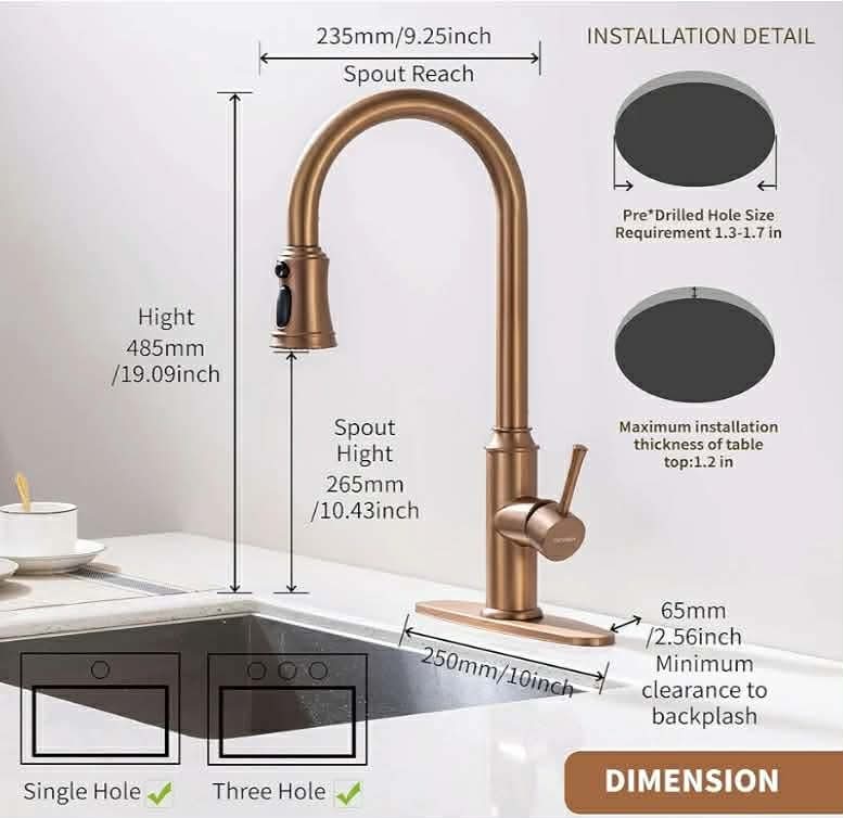 Rose Gold Kitchen Faucet with Pull Down Sprayer, Stainless Steel Gold Kitchen Faucet with Sprayer, High Arc - Image 6