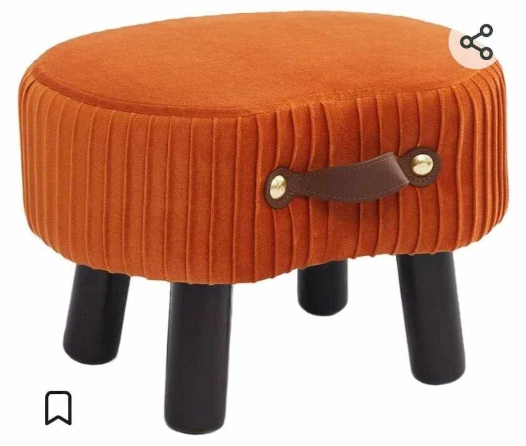 Small Footstool with Handle, Velvet Ottoman Foot Rest with Padded Seat, Curved Foot Stool with Wooden Legs