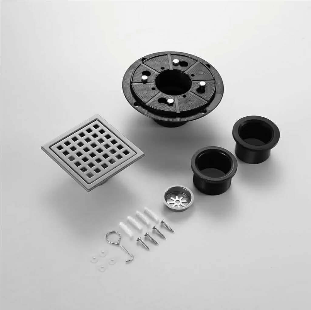 Shower Drain, Chrome 4 inch Square Shower Floor Drain with Flange, Silver Removeable Grid Panel SUS 304 Stainless Steel - Image 6