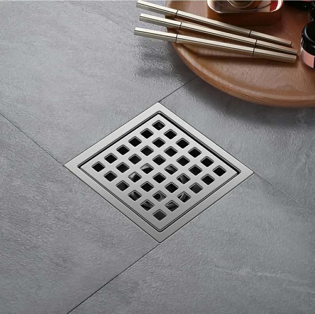 Shower Drain, Chrome 4 inch Square Shower Floor Drain with Flange, Silver Removeable Grid Panel SUS 304 Stainless Steel - Image 10