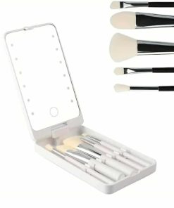 Portable Makeup Mirror With 5 Makeup Brushes Travel Case Storage Box LED Rechargeable Makeup Mirror (White)