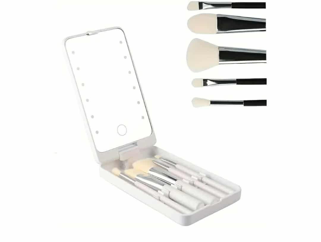 Portable Makeup Mirror With 5 Makeup Brushes Travel Case Storage Box LED Rechargeable Makeup Mirror (White)
