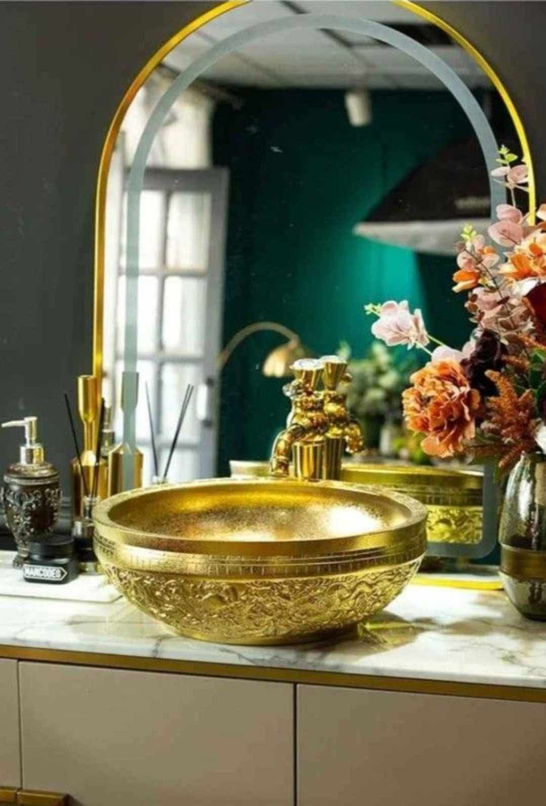 Gold Vessel Sink Round Bowl for Bathroom Countertop Ceramic Wash Basin with Hand Carved Dragon Pattern, L16.4"W16.4 - Image 10