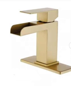 Single Handle Faucet with Deck Plate, Waterfall Single Hole Bathroom Faucet in Brushed Gold