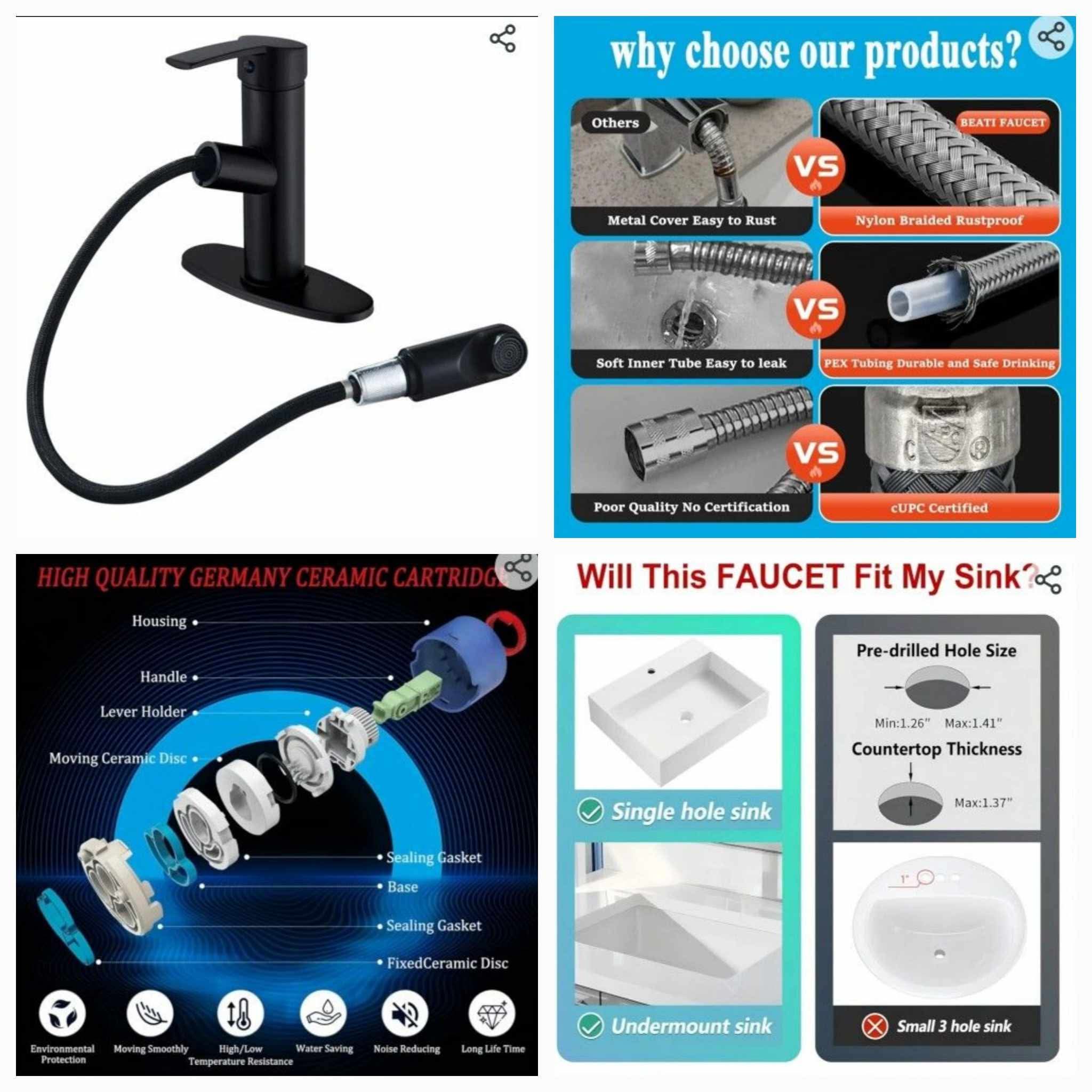 Matte Black Utility Bathroom Faucet with Pull Out Sprayer - Single Handle Vessel Sink Faucets for Sink 1 Hole - Image 3