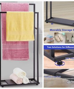 39'' Tall 2 Tier Bathroom Towel Rack Stand with Storage Shelves, Modern Standing Pool Towel Drying Rack for Outdoor, Black Blanket Holder