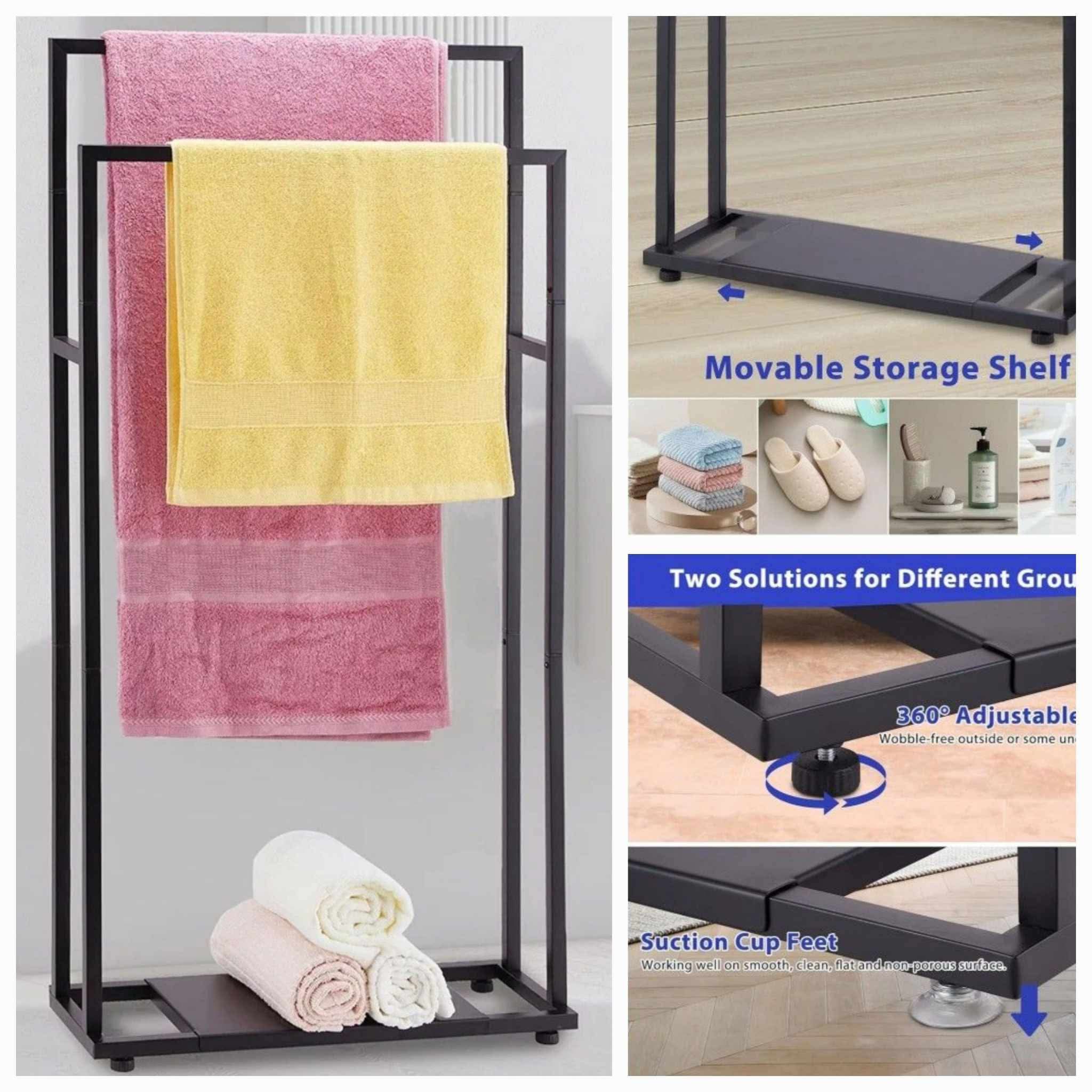 39'' Tall 2 Tier Bathroom Towel Rack Stand with Storage Shelves, Modern Standing Pool Towel Drying Rack for Outdoor, Black Blanket Holder