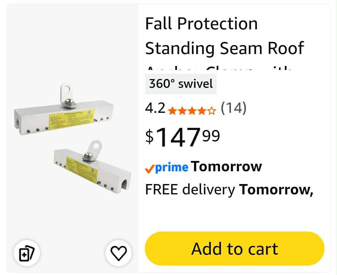 Fall Protection Standing Seam Roof Anchor Clamp with 360° Swivel Point | Fall Arrest Roofing Harness Safety Kit - Image 2