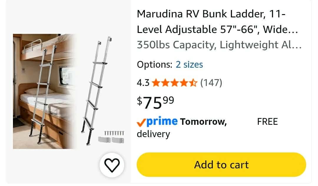 RV Bunk Ladder, 11-Level Adjustable 57"-66", Wide Anti-Slip Steps - Image 2