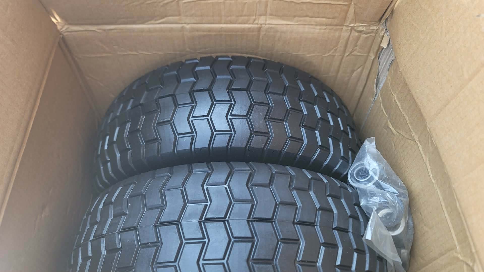 2pk 16x6.50-8 Flat Free Riding Lawn Mower Tire and Wheel, 16x6.5-8nhs Garden Tractor Lawnmower Tyre, with 3/4" Bushings & 5/8" Bearings, 3" Centered Hub, 2 Pack - Image 3