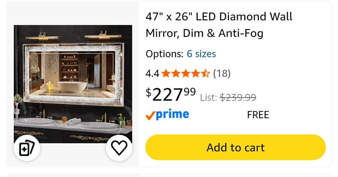 47" x 26" LED Diamond Wall Mirror, Dim & Anti-Fog, Crystal glass, dimmable & anti-fog, mounts vertical/horizontal - Image 2