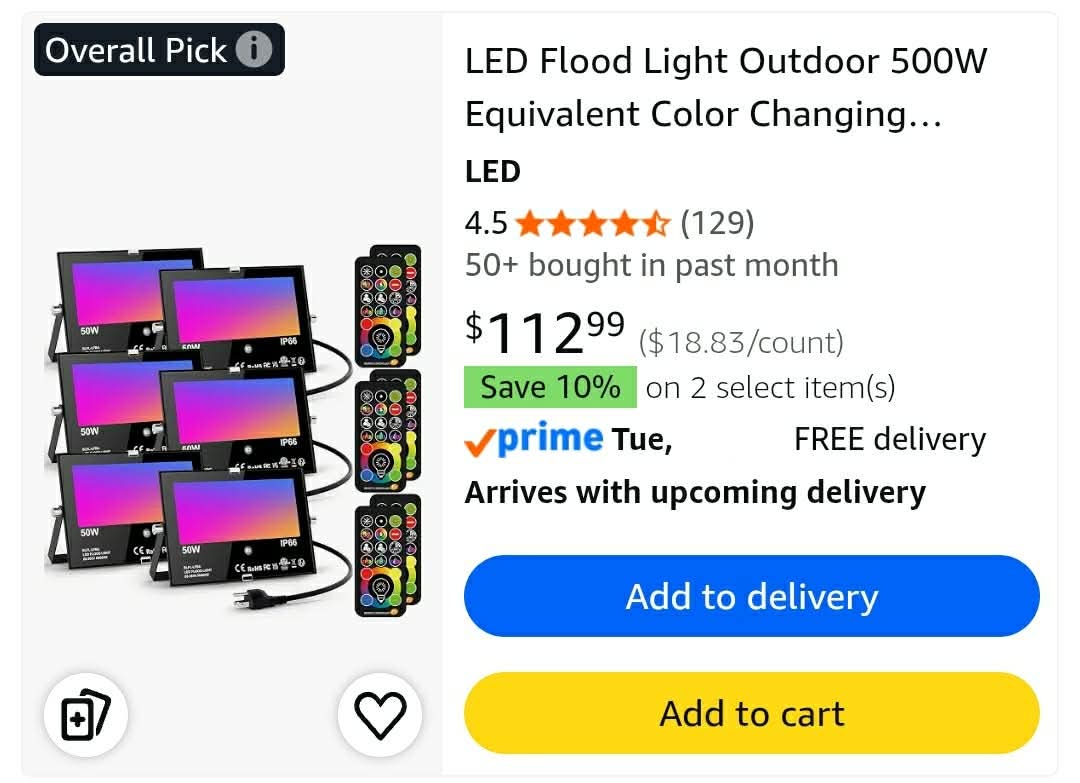 6pk LED Flood Light Outdoor 500W Equivalent Color Changing Landscape Lighting, 24H Timing+120 Colors Strobe+2700K Warm White+DIY Flash, IP66 Waterproof - Image 3