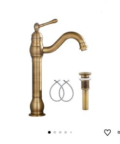 360° Swivel Antique Brass Bathroom Vessel Sink Faucet Single Handle One Hole Matching w Pop Up Drain