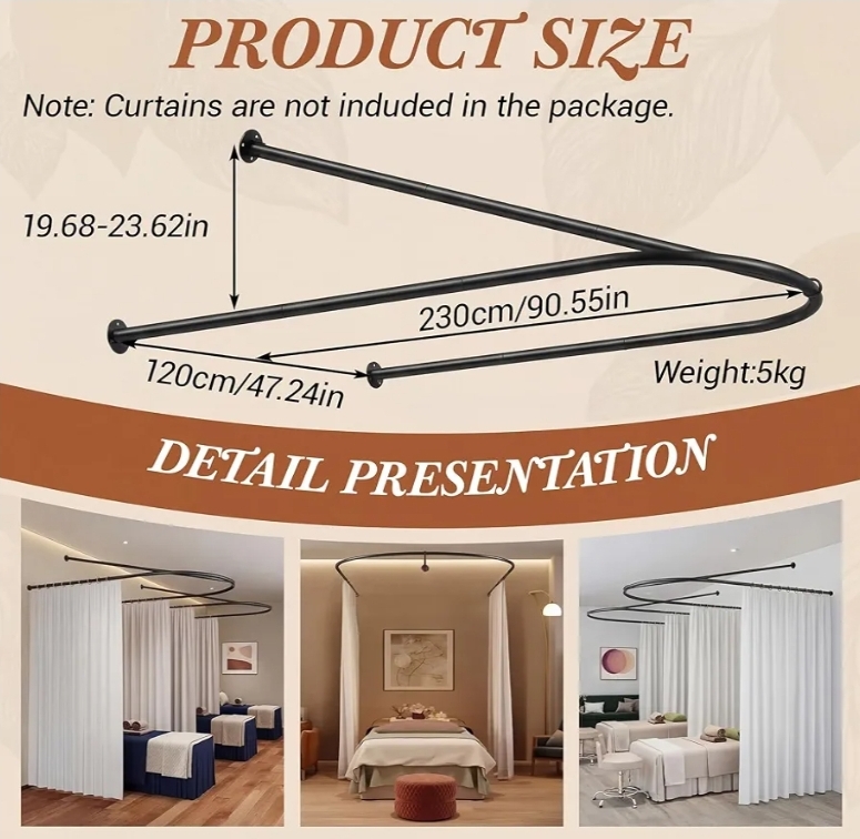 Black U Shaped Room Divider Curtain Rod 90.55" x 47.24" Rod with Ceiling Support Curtain Track, Privacy Divider - Image 4