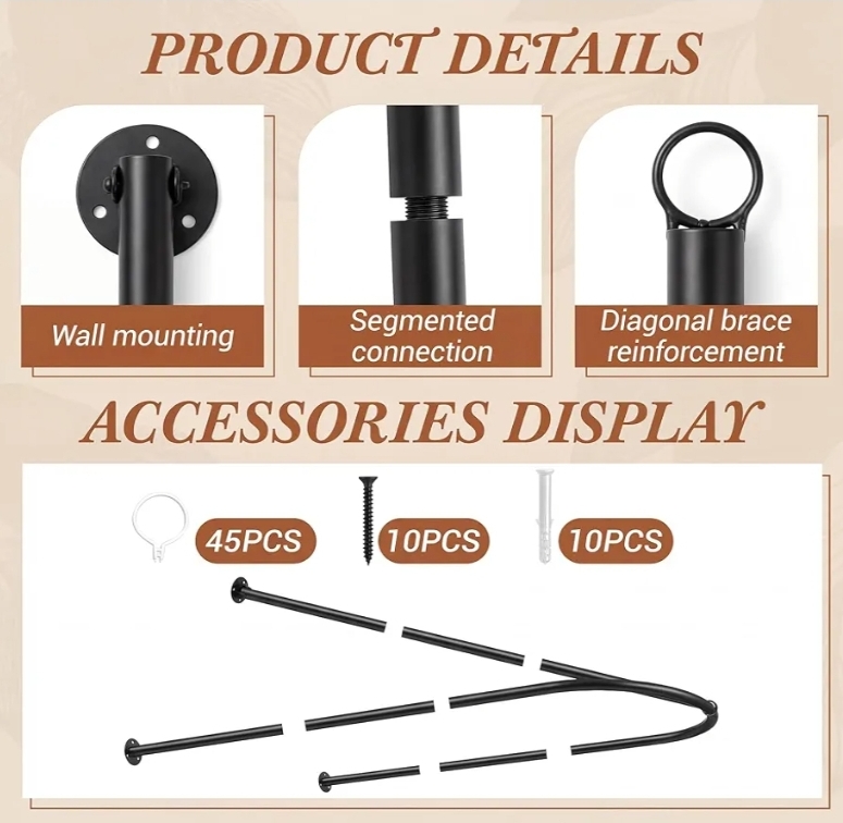 Black U Shaped Room Divider Curtain Rod 90.55" x 47.24" Rod with Ceiling Support Curtain Track, Privacy Divider - Image 5